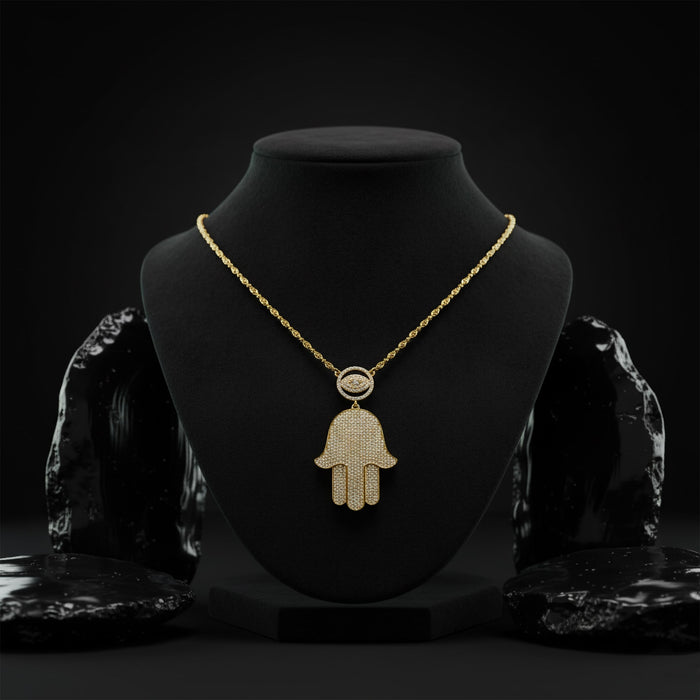 Pretty Round Diamond Hamsa Eye Necklace in 14K Gold