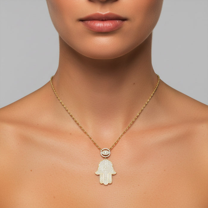 Pretty Round Diamond Hamsa Eye Necklace in 14K Gold