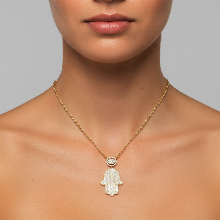 Pretty Round Diamond Hamsa Eye Necklace in 14K Gold