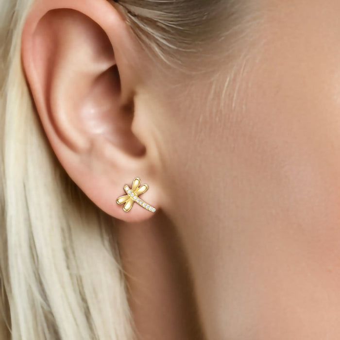 Dragonfly Diamond Stud Earrings in 14K Gold