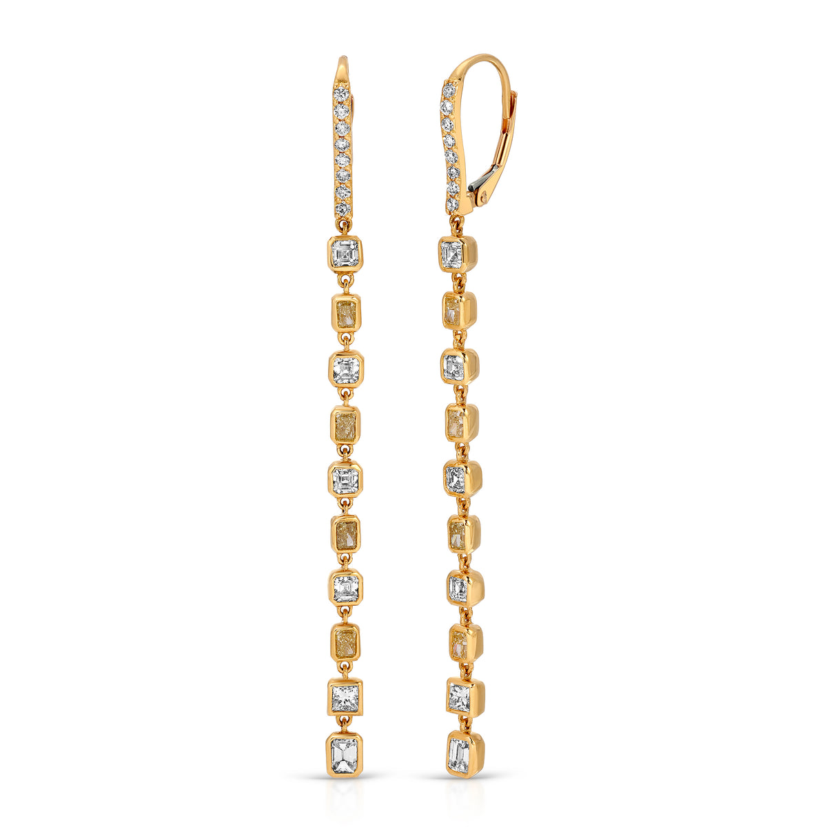 Asscher and Emerald Cut Diamond Delicate Modern Earrings in 18K Yellow Gold
