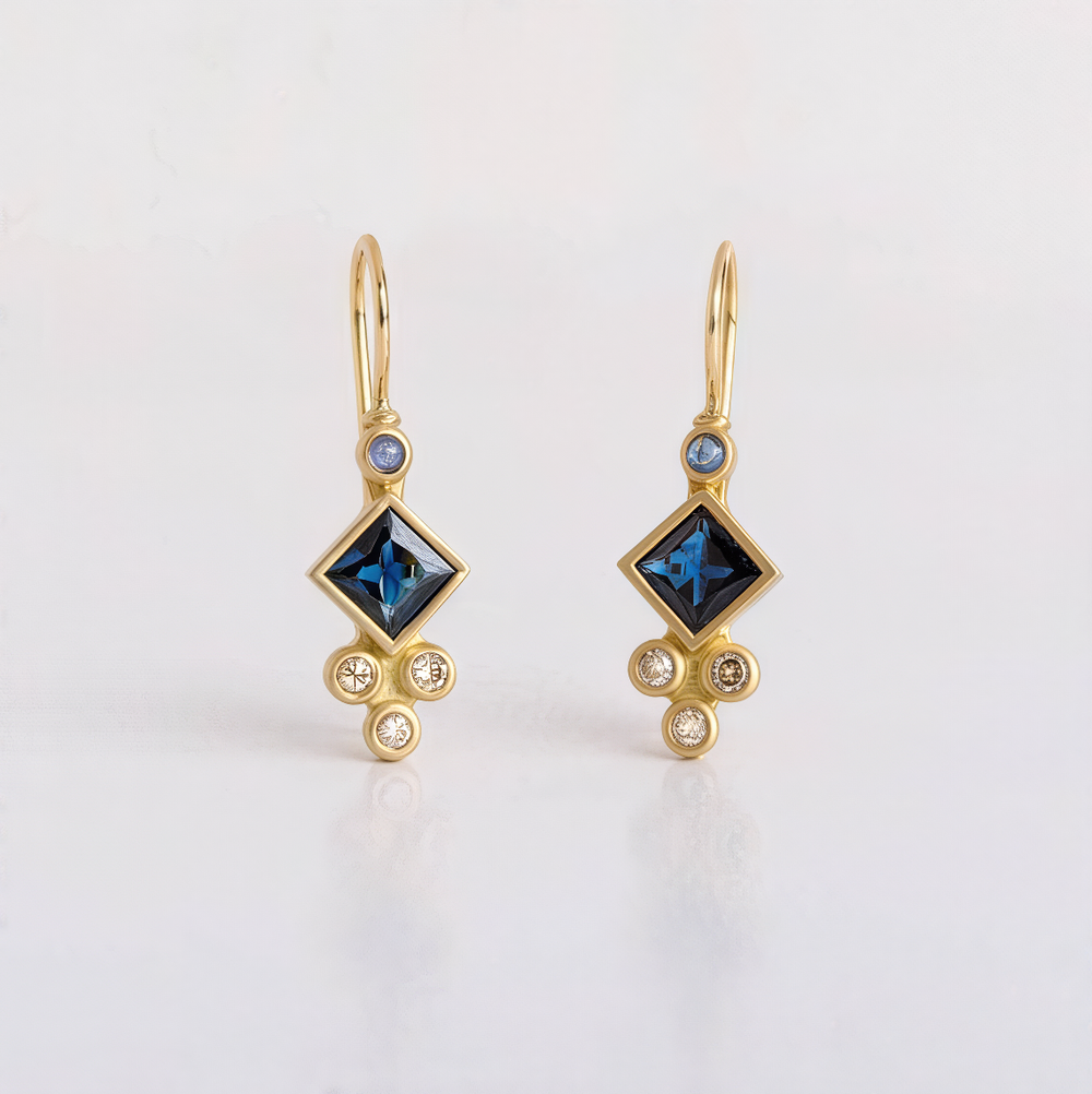 Princess Cut Sapphire Diamond Drop Earrings in 14K Yellow Gold