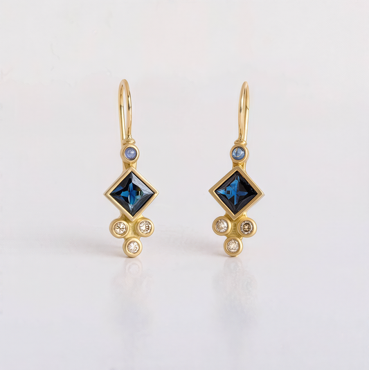 Princess Cut Sapphire Diamond Drop Earrings in 14K Yellow Gold