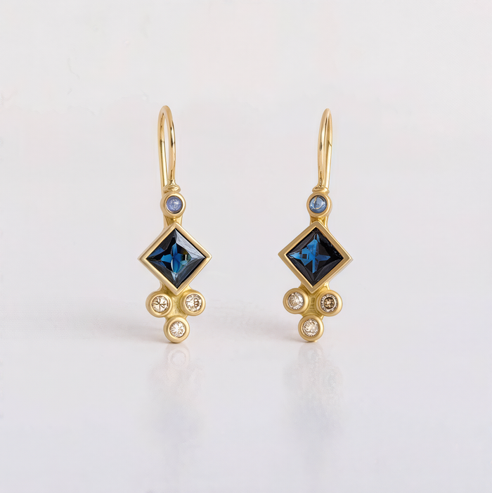 Princess Cut Sapphire Diamond (or 18k upon request) 14K Yellow Gold Drop Earrings