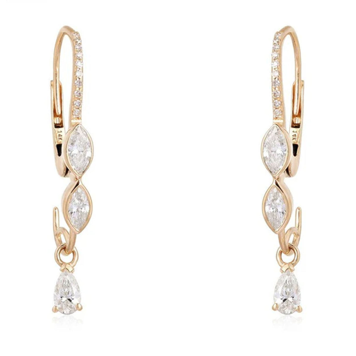Trio Cut Marquise Pear Diamond Drop Earrings in 14K Gold