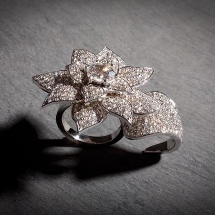 Double Finger Flower Diamond Ring in 18K White Gold