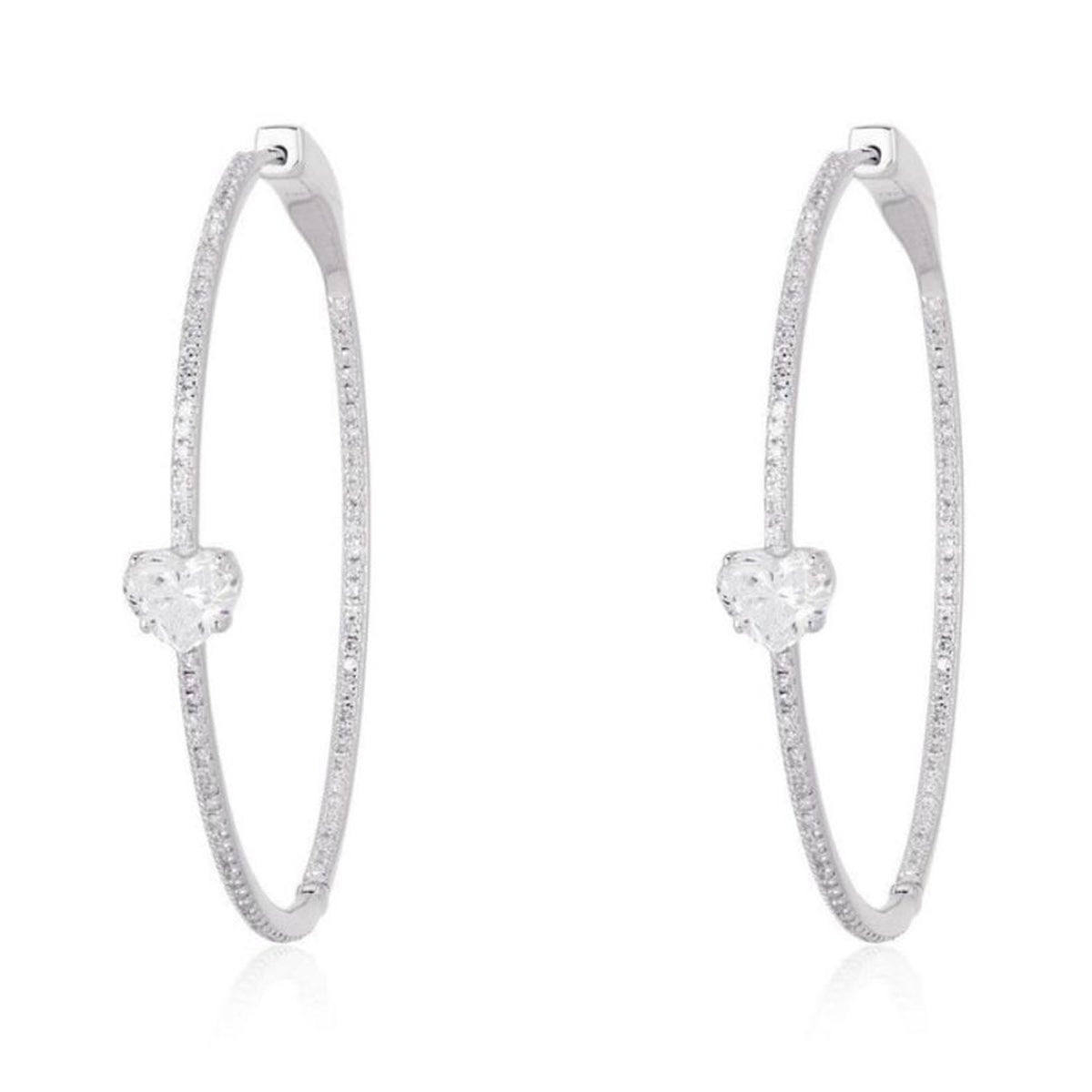 Amour Heart Center Diamond Hoop Earrings in 14K White Gold