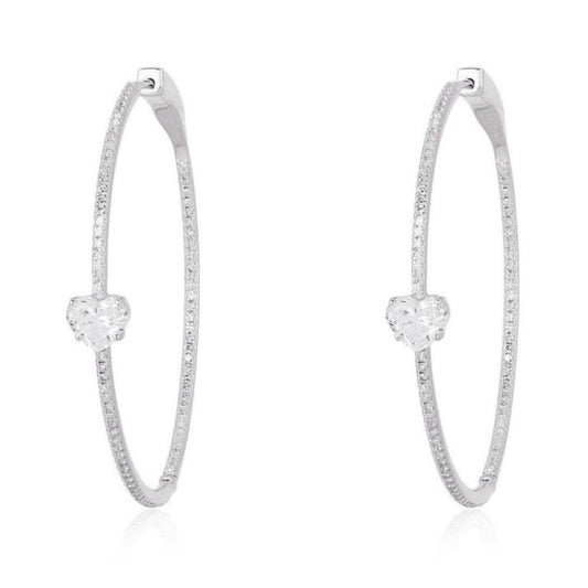 Amour Heart Center Diamond Hoop Earrings in 14K White Gold