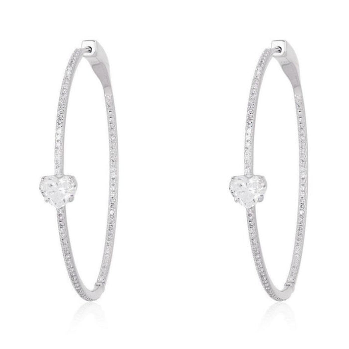 Amour Heart Center Diamond Hoop Earrings in 14K White Gold