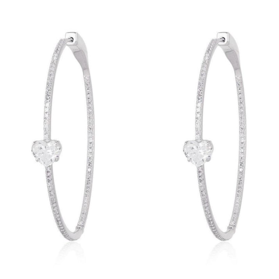 Amour Heart Center Diamond Hoop Earrings in 14K White Gold